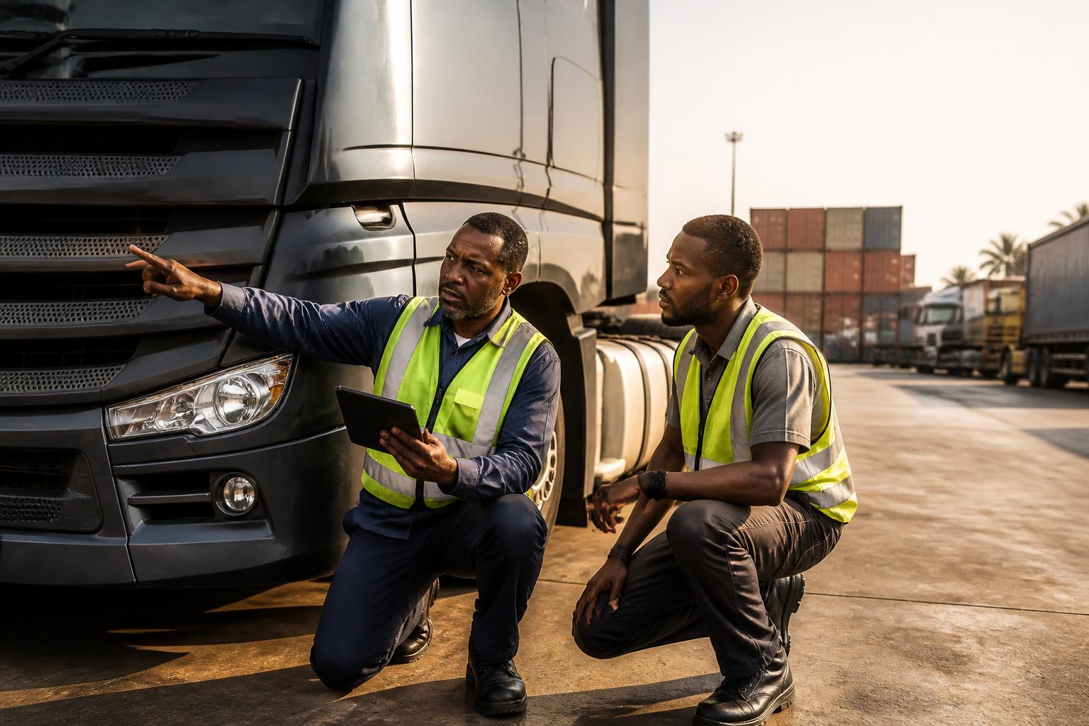 An instructor guiding a trainee through a truck inspection